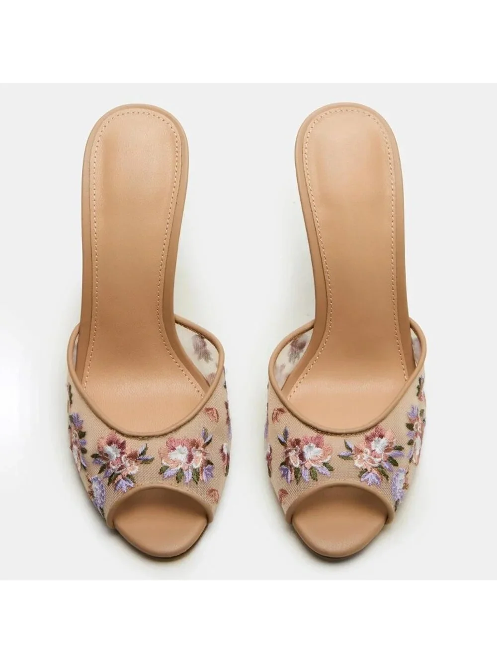 Women's Tan Mesh Heeled Sandals Peep Toe Mules Slip on Stiletto High Heels